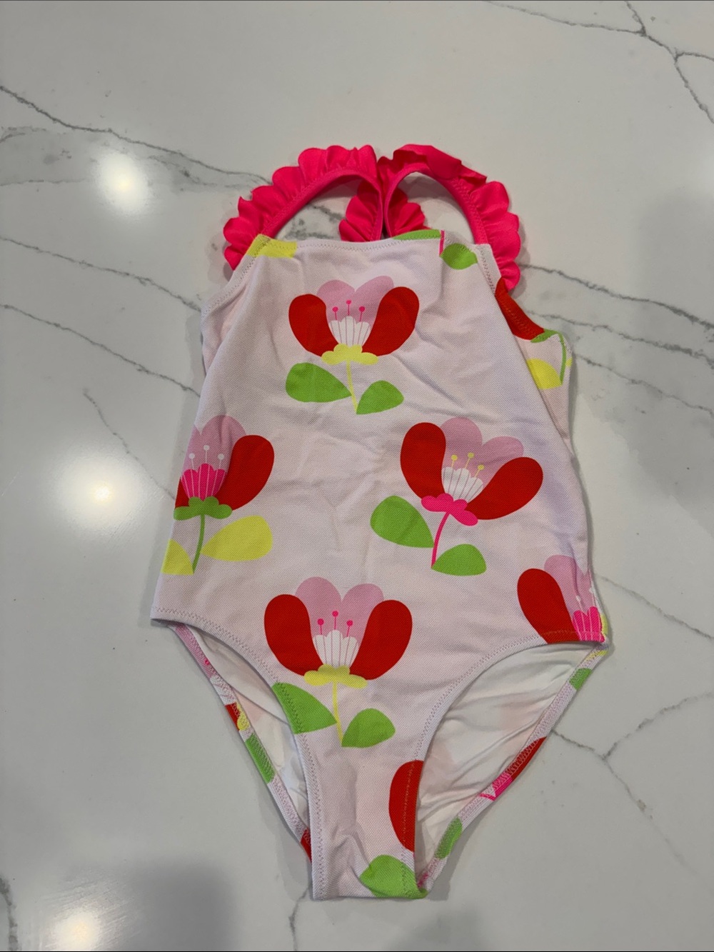 Jacadi Pink Floral One-Piece with Hot Pink Ruffle Straps